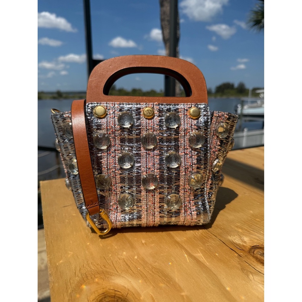 Tory Burch Jacquard Tweed Embellished Top Handle Wood Studded Crystal Crossbody